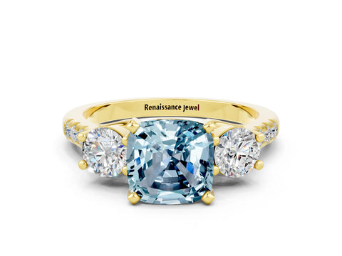 Yellow gold Three-Stone Cushion Cut Aquamarine Pavé Band with Four-Prong Setting