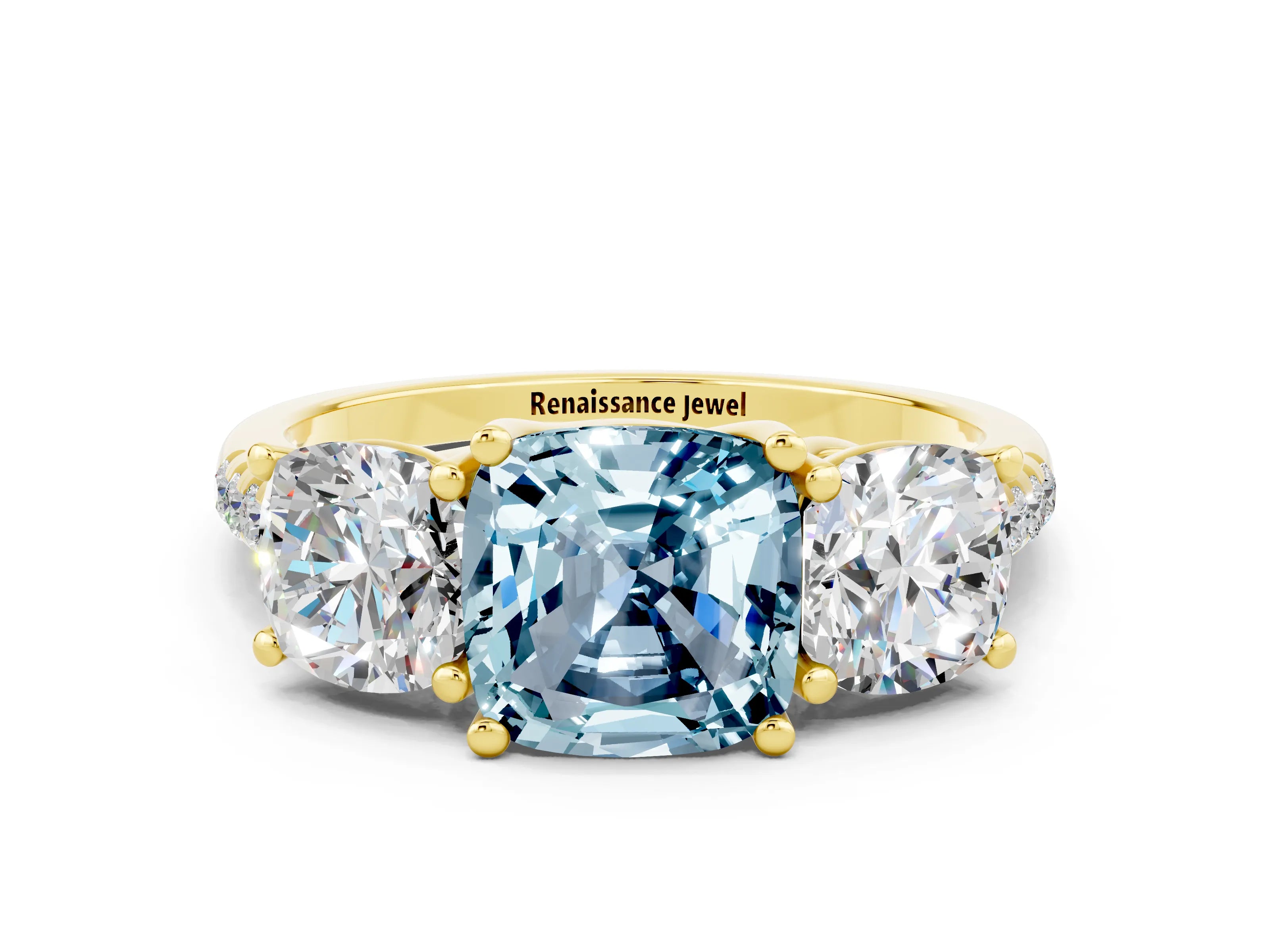 Yellow gold Three-Stone Cushion Cut Aquamarine Ring with Pavé Band and Prong Setting_12