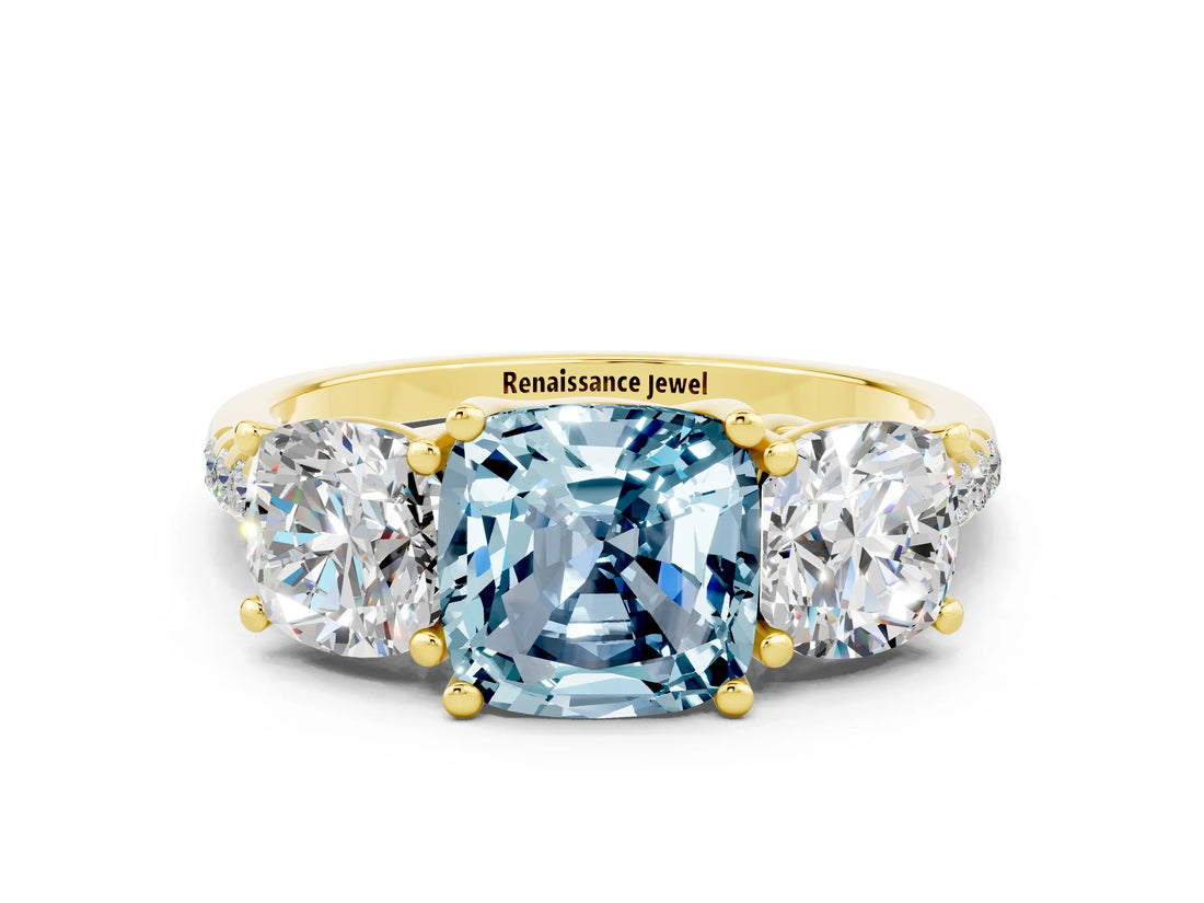 Yellow gold Three-Stone Cushion Cut Aquamarine Ring with Pavé Band and Prong Setting_12