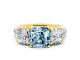 Yellow gold Three-Stone Cushion Cut Aquamarine Ring with Pavé Band and Prong Setting_12