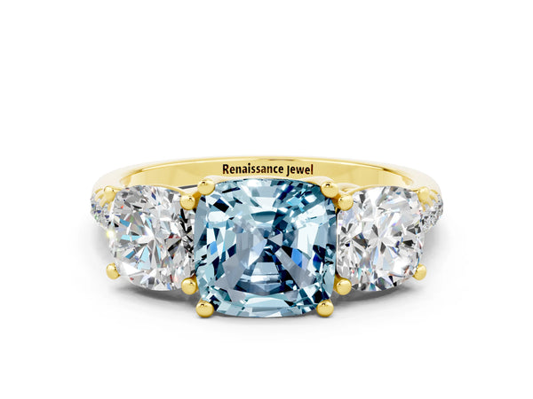 Yellow gold Three-Stone Cushion Cut Aquamarine Ring with Round  Pavé Band and Prong Setting