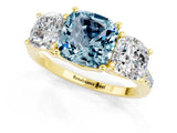Yellow gold Three-Stone Cushion Cut Aquamarine Ring with Pavé Band and Prong Setting_13