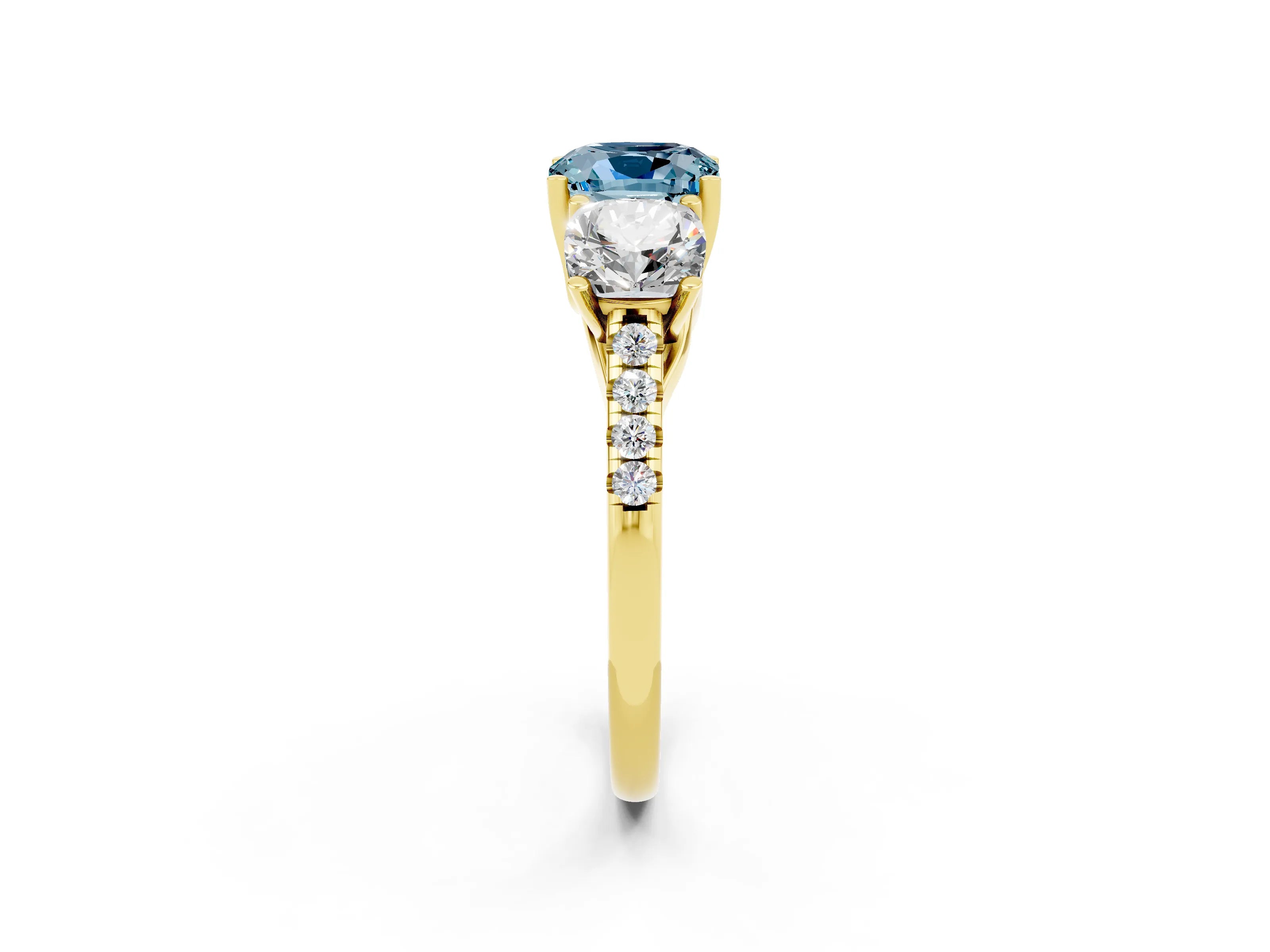 Yellow gold Three-Stone Cushion Cut Aquamarine Ring with Pavé Band and Prong Setting_14