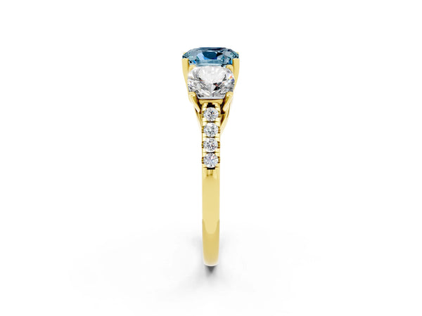 Yellow gold Three-Stone Cushion Cut Aquamarine Ring with Round  Pavé Band and Prong Setting