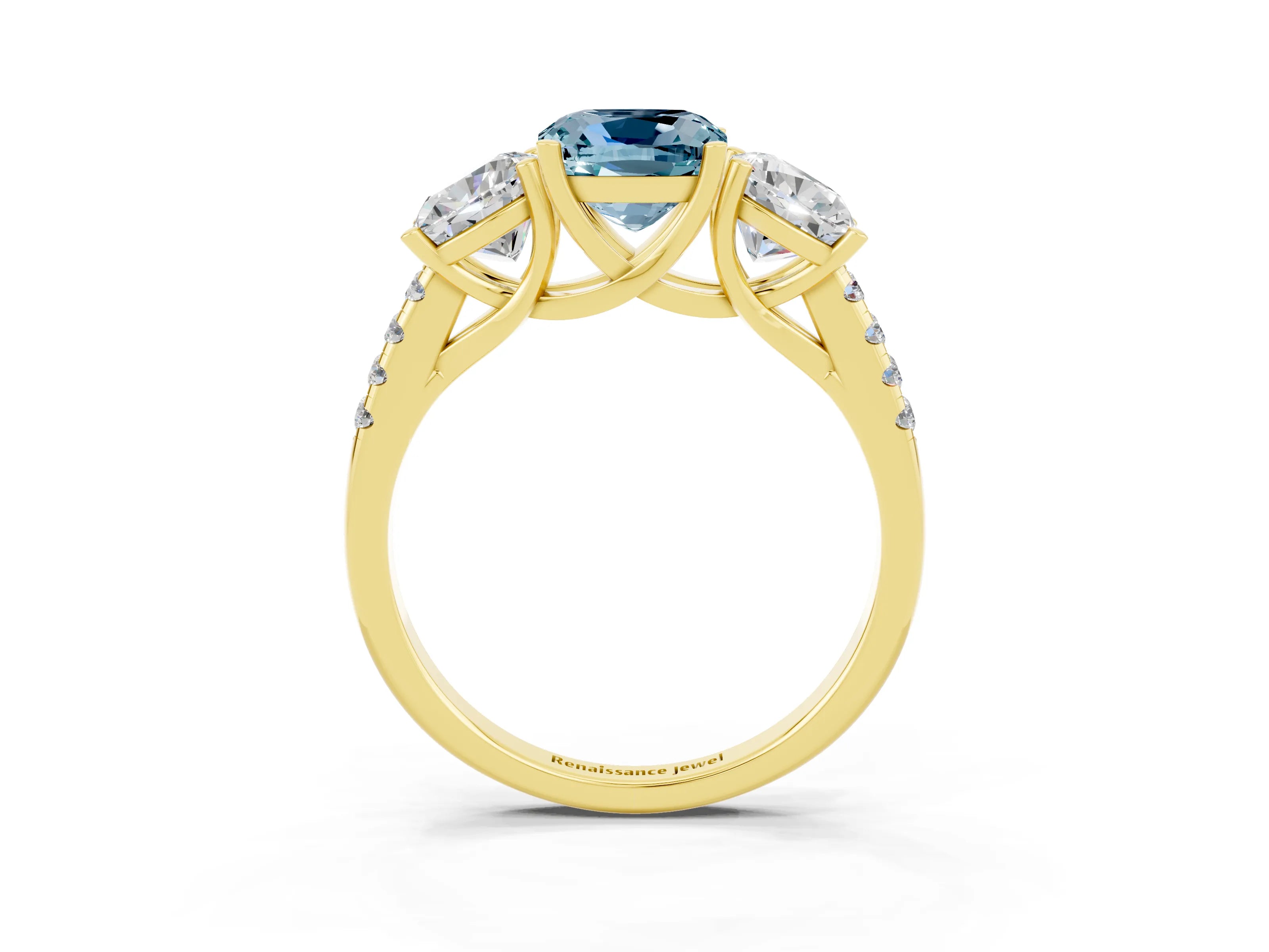 Yellow gold Three-Stone Cushion Cut Aquamarine Ring with Pavé Band and Prong Setting_15