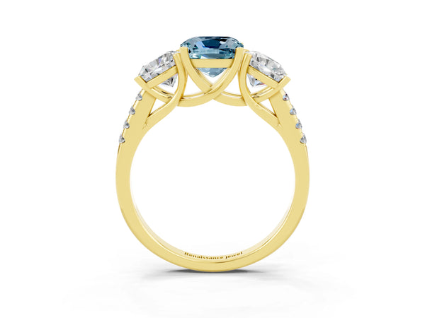 Yellow gold Three-Stone Cushion Cut Aquamarine Ring with Round  Pavé Band and Prong Setting