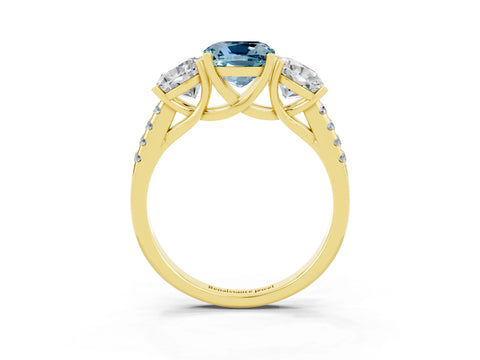 Yellow gold Three-Stone Cushion Cut Aquamarine Ring with Pavé Band and Prong Setting_15