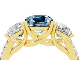 Yellow gold Three-Stone Cushion Cut Aquamarine Ring with Pavé Band and Prong Setting_16