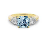 Yellow gold Three-Stone Cushion Cut Aquamarine Ring with Pear Side Stones and Four-Prong Setting