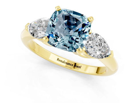 Yellow gold Three-Stone Cushion Cut Aquamarine Ring with Pear Side Stones and Four-Prong Setting_1