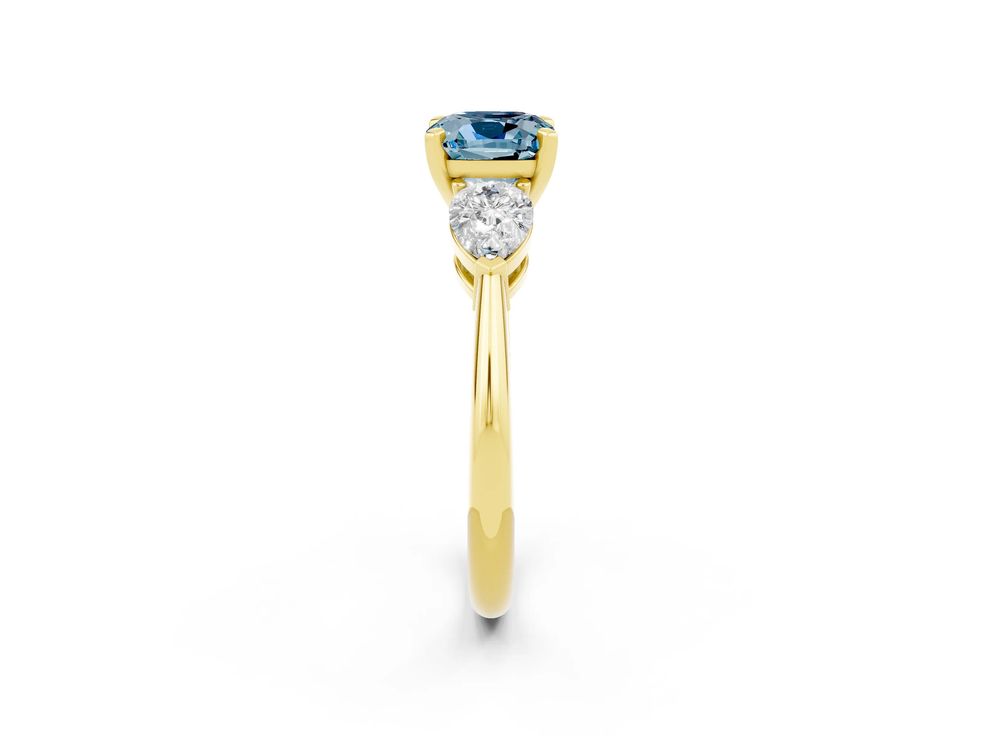 Yellow gold Three-Stone Cushion Cut Aquamarine Ring with Pear Side Stones and Four-Prong Setting_2