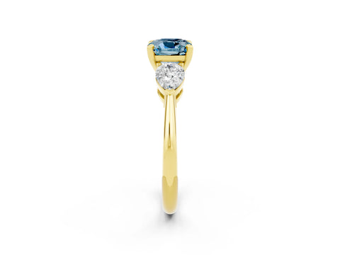 Yellow gold Three-Stone Cushion Cut Aquamarine Ring with Pear Side Stones and Four-Prong Setting_2
