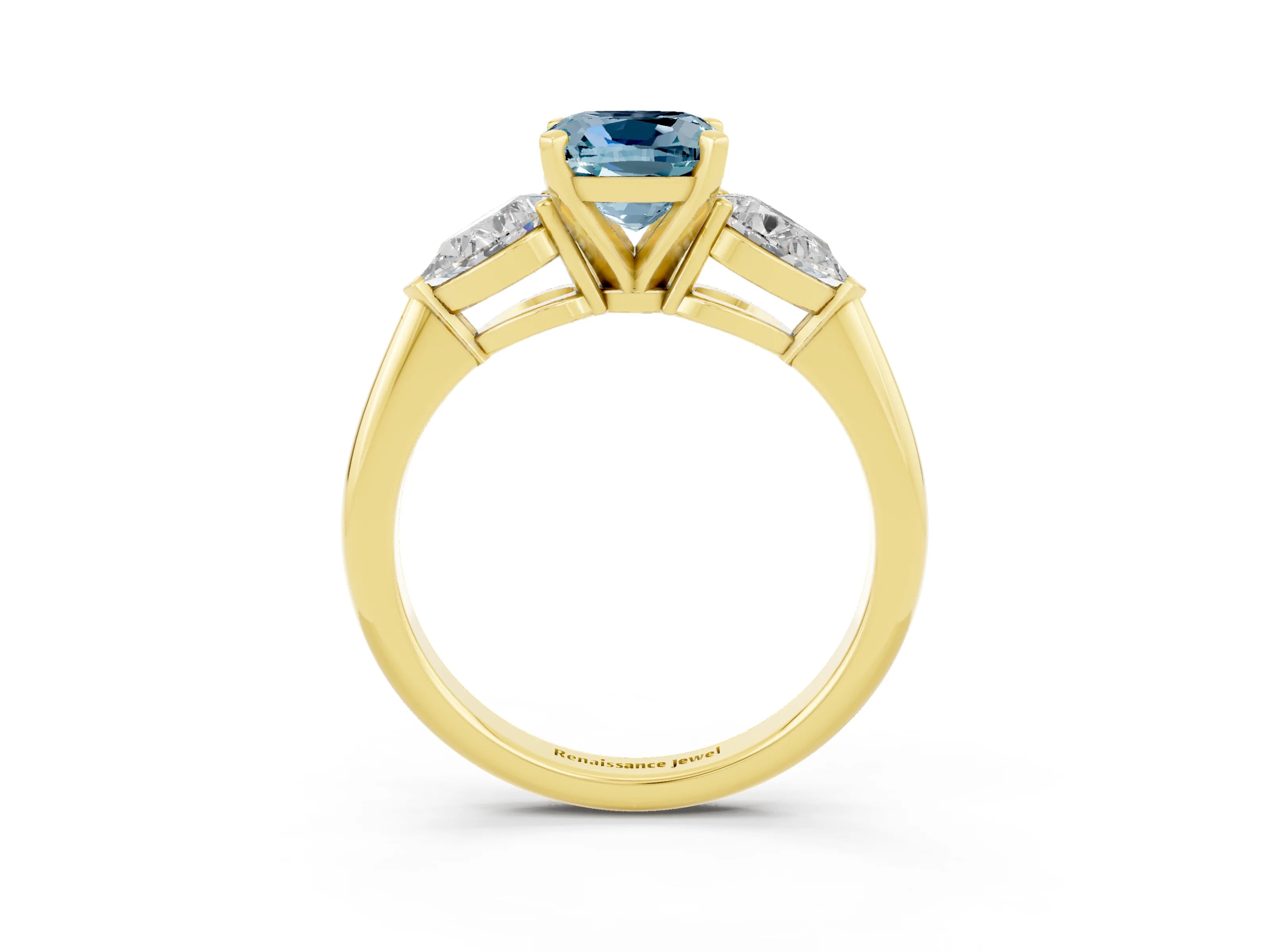 Yellow gold Three-Stone Cushion Cut Aquamarine Ring with Pear Side Stones and Four-Prong Setting_3
