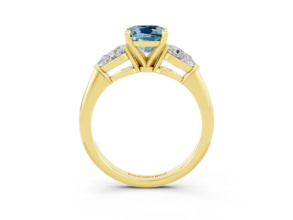 Yellow gold Three-Stone Cushion Cut Aquamarine Ring with Pear Side Stones and Four-Prong Setting