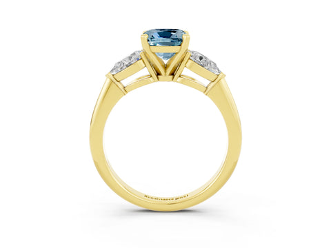 Yellow gold Three-Stone Cushion Cut Aquamarine Ring with Pear Side Stones and Four-Prong Setting_3