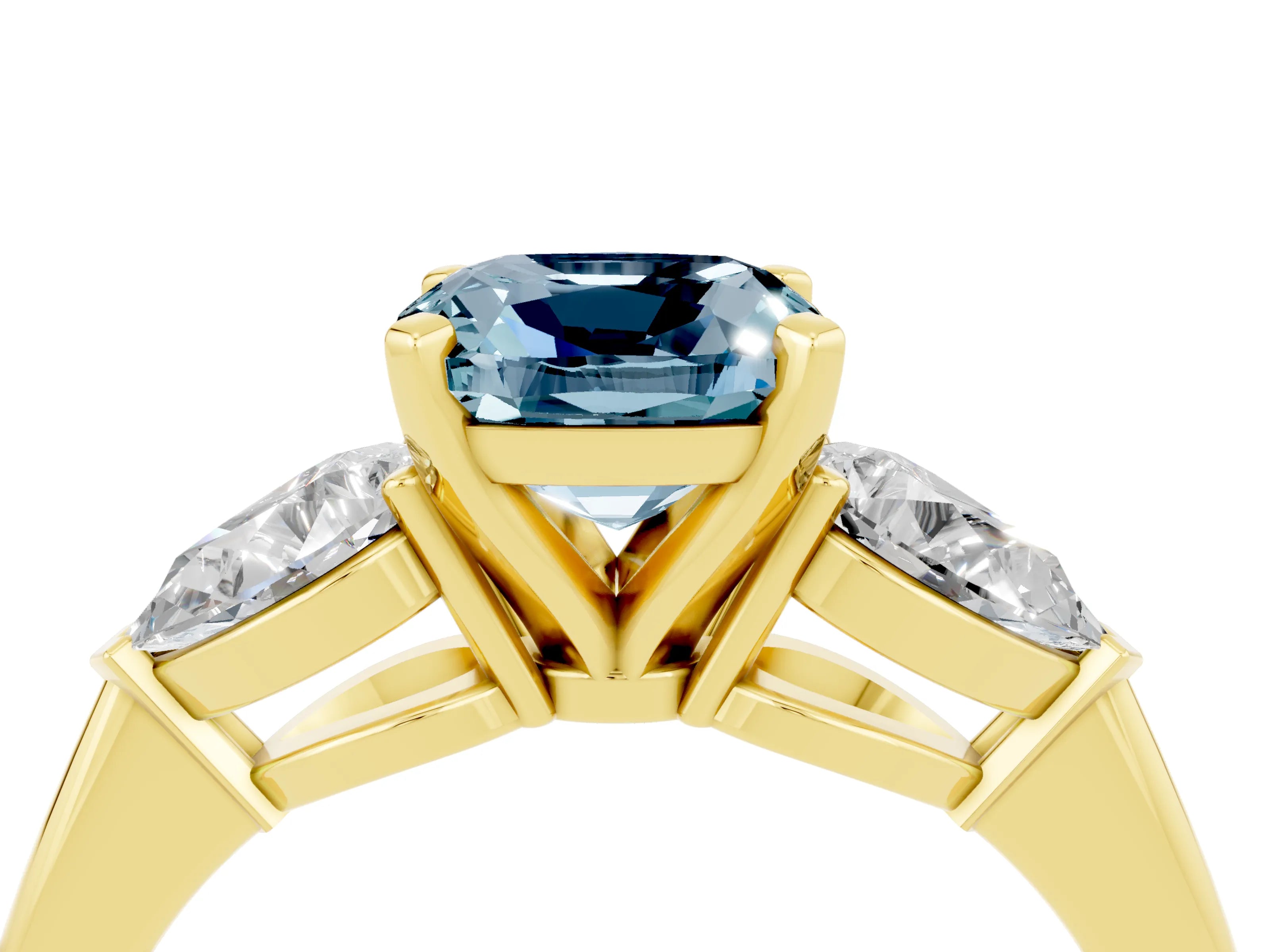 Yellow gold Three-Stone Cushion Cut Aquamarine Ring with Pear Side Stones and Four-Prong Setting_4