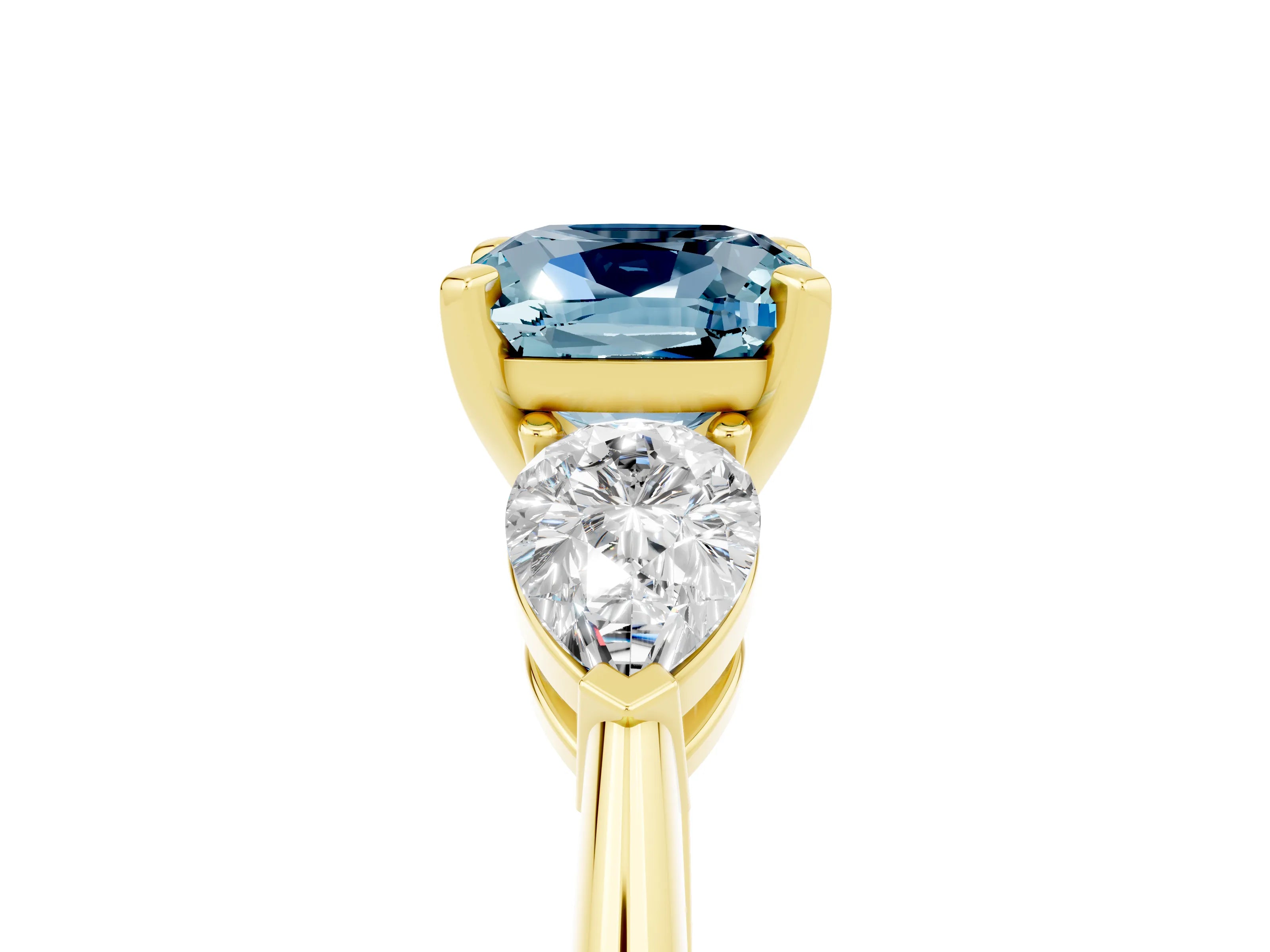 Yellow gold Three-Stone Cushion Cut Aquamarine Ring with Pear Side Stones and Four-Prong Setting_5
