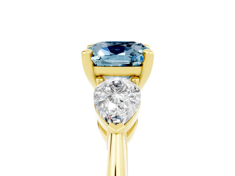 Yellow gold Three-Stone Cushion Cut Aquamarine Ring with Pear Side Stones and Four-Prong Setting_5