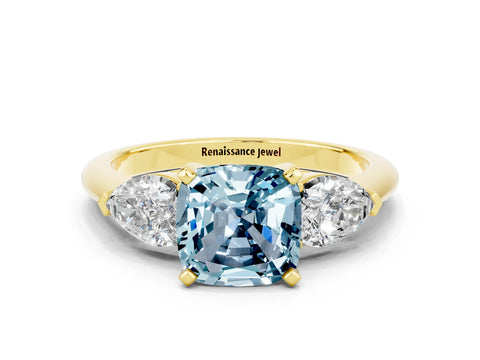 Yellow gold Three-Stone Cushion Cut Aquamarine Ring with Pear Side Stones and Four-Prong Setting