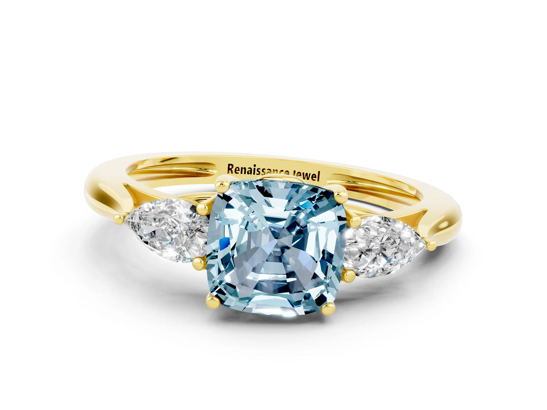 Yellow gold Three-Stone Cushion Cut Aquamarine Ring with Pear  Side Stones in Four-Prong Setting_12
