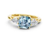 Yellow gold Three-Stone Cushion Cut Aquamarine Ring with Pear  Side Stones in Four-Prong Setting_12