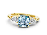 Yellow gold Three-Stone Cushion Cut Aquamarine Ring with Pear  Side Stones in Four-Prong Setting_36