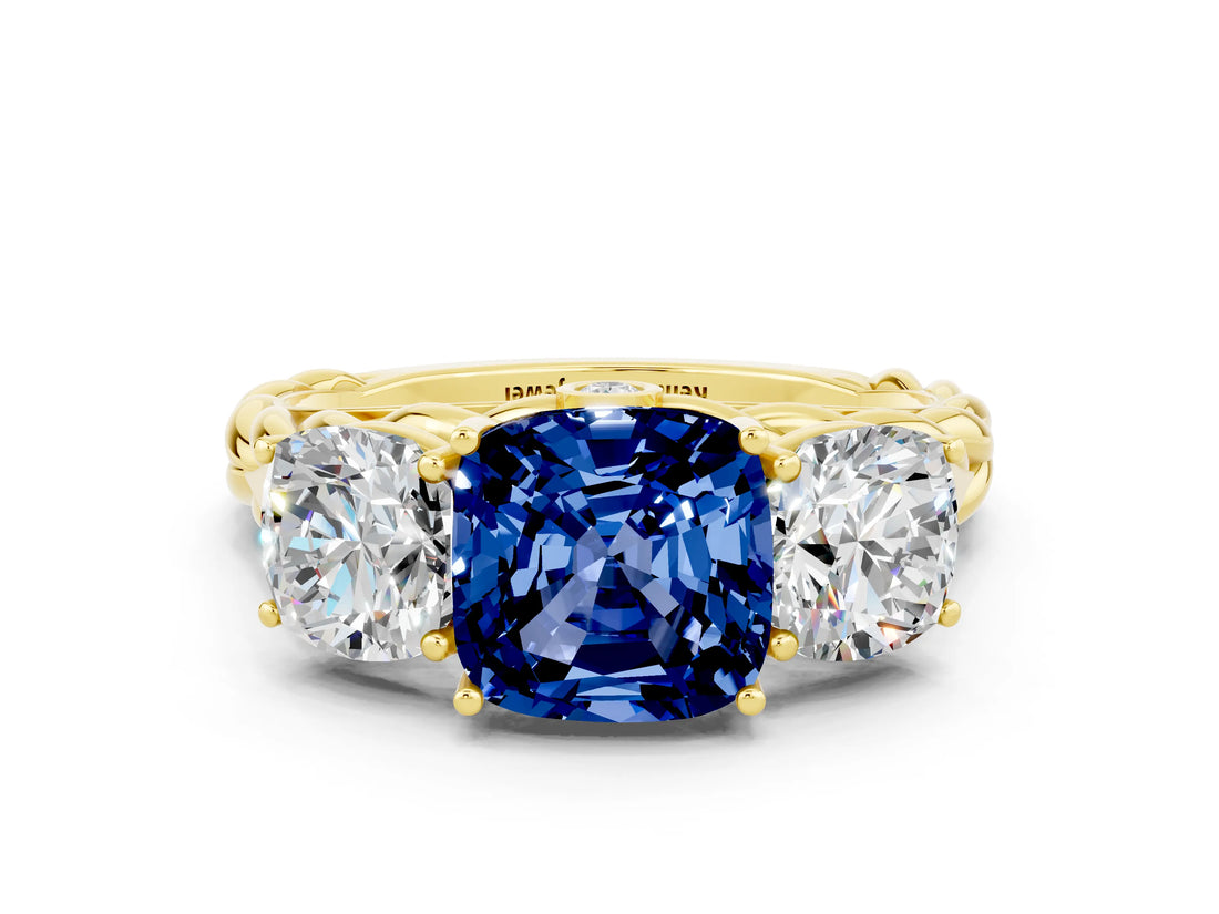 Yellow gold Three-Stone Cushion Cut Blue Sapphire Braided Band Ring with Four-Prong Setting_12