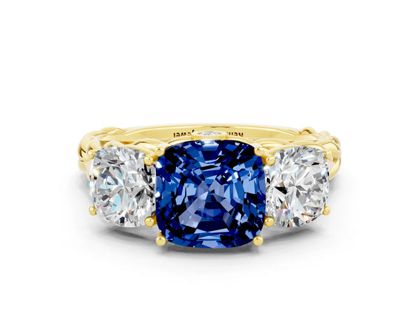 Yellow gold Three-Stone Cushion Cut Blue Sapphire Braided Band Ring with Four-Prong Setting