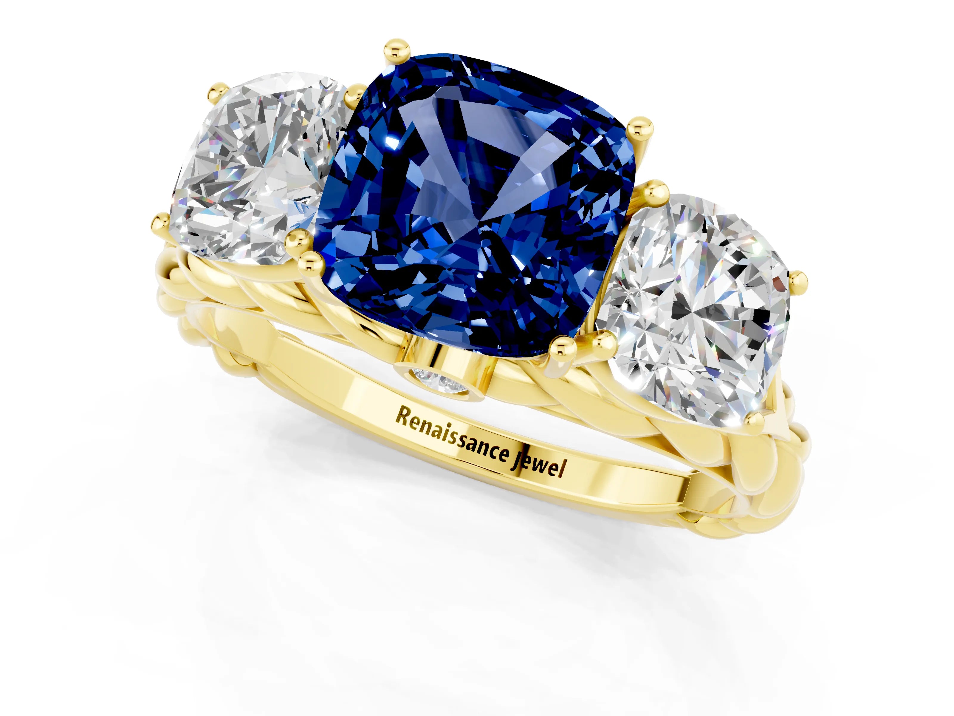 Yellow gold Three-Stone Cushion Cut Blue Sapphire Braided Band Ring with Four-Prong Setting_13