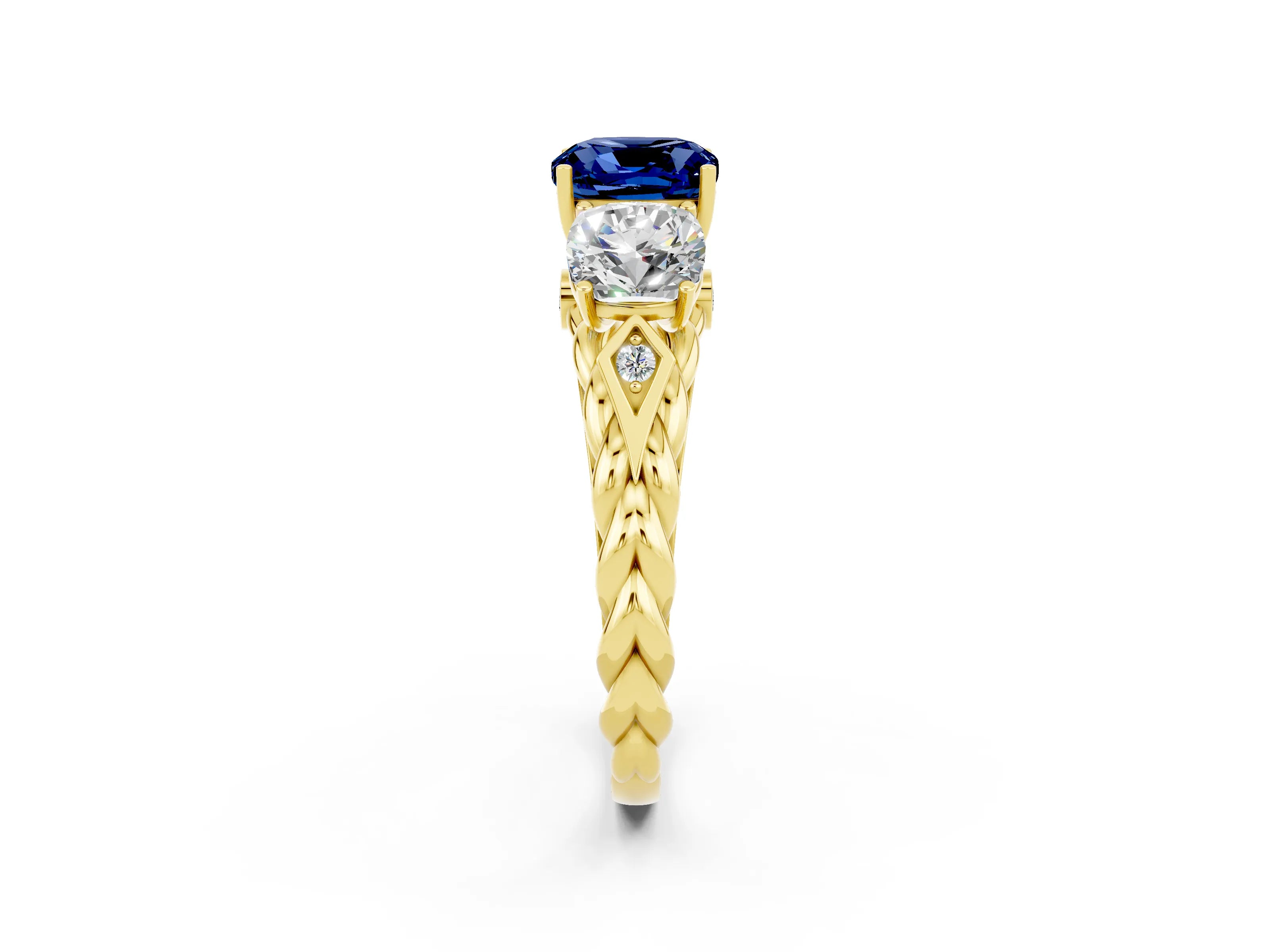 Yellow gold Three-Stone Cushion Cut Blue Sapphire Braided Band Ring with Four-Prong Setting_14