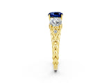 Yellow gold Three-Stone Cushion Cut Blue Sapphire Braided Band Ring with Four-Prong Setting_14