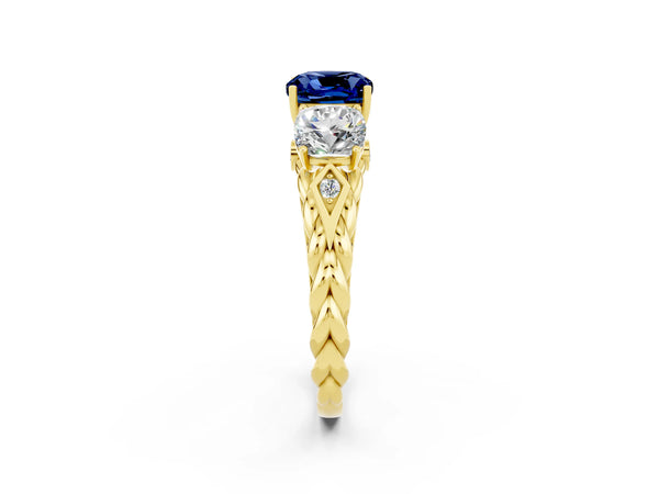 Yellow gold Three-Stone Cushion Cut Blue Sapphire Braided Band Ring with Four-Prong Setting