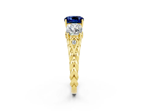 Yellow gold Three-Stone Cushion Cut Blue Sapphire Braided Band Ring with Four-Prong Setting_14