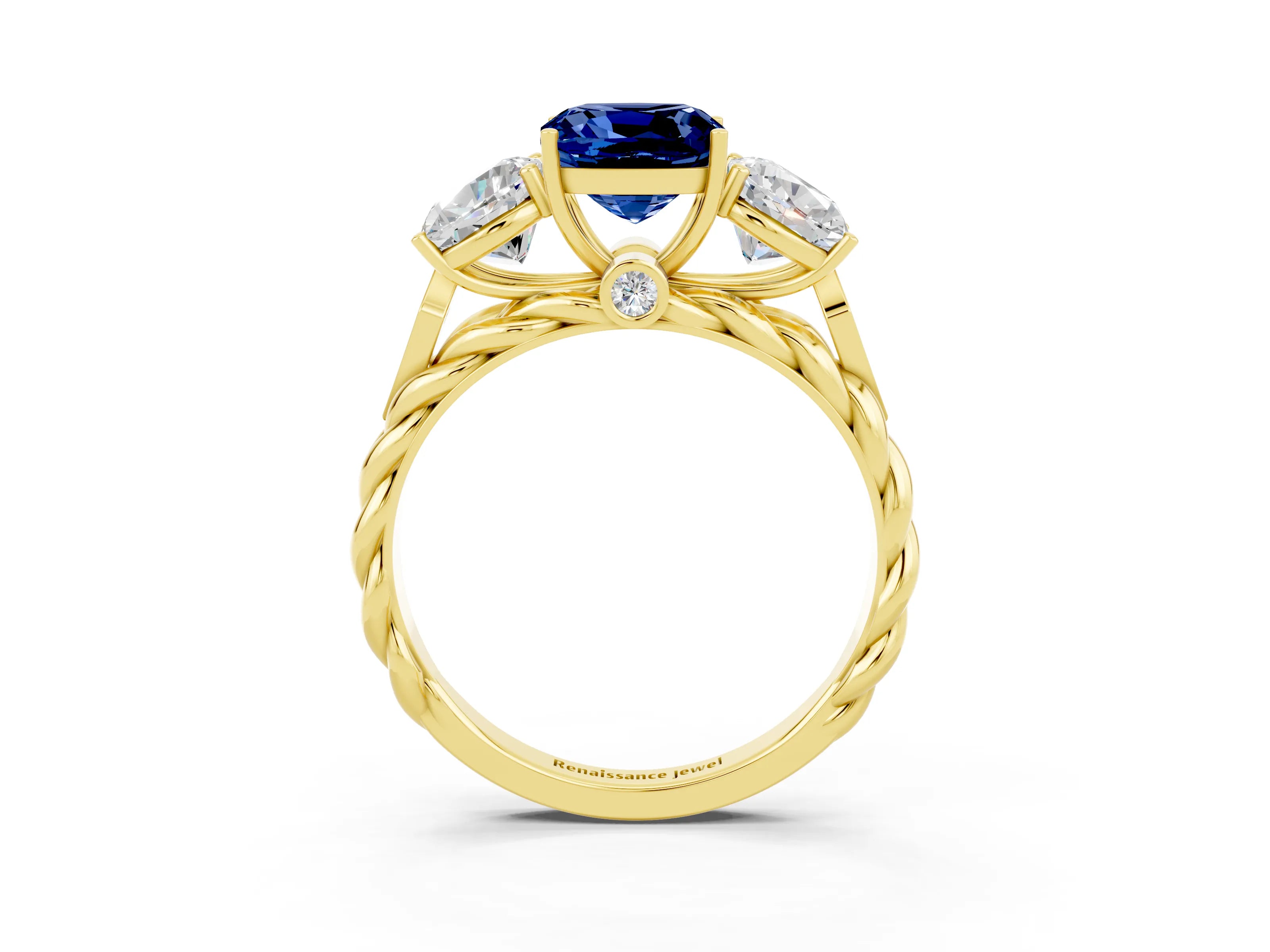 Yellow gold Three-Stone Cushion Cut Blue Sapphire Braided Band Ring with Four-Prong Setting_15