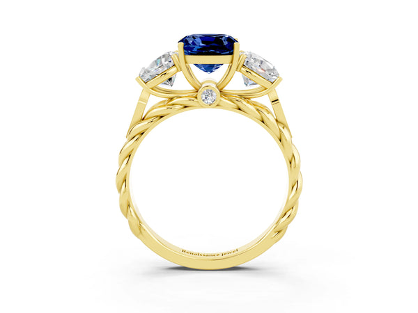 Yellow gold Three-Stone Cushion Cut Blue Sapphire Braided Band Ring with Four-Prong Setting