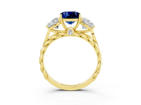 Yellow gold Three-Stone Cushion Cut Blue Sapphire Braided Band Ring with Four-Prong Setting_15