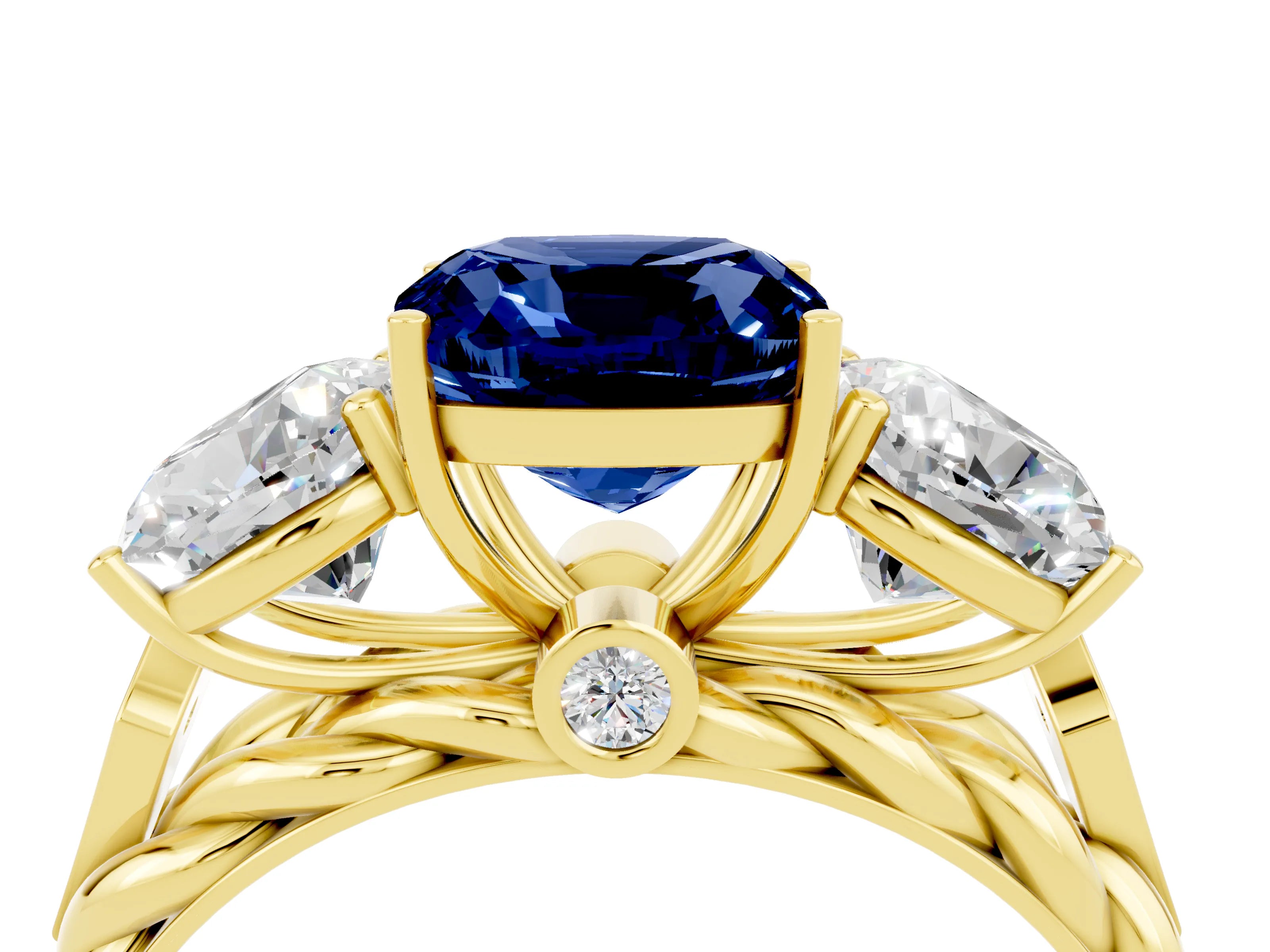 Yellow gold Three-Stone Cushion Cut Blue Sapphire Braided Band Ring with Four-Prong Setting_16