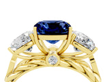 Yellow gold Three-Stone Cushion Cut Blue Sapphire Braided Band Ring with Four-Prong Setting_16