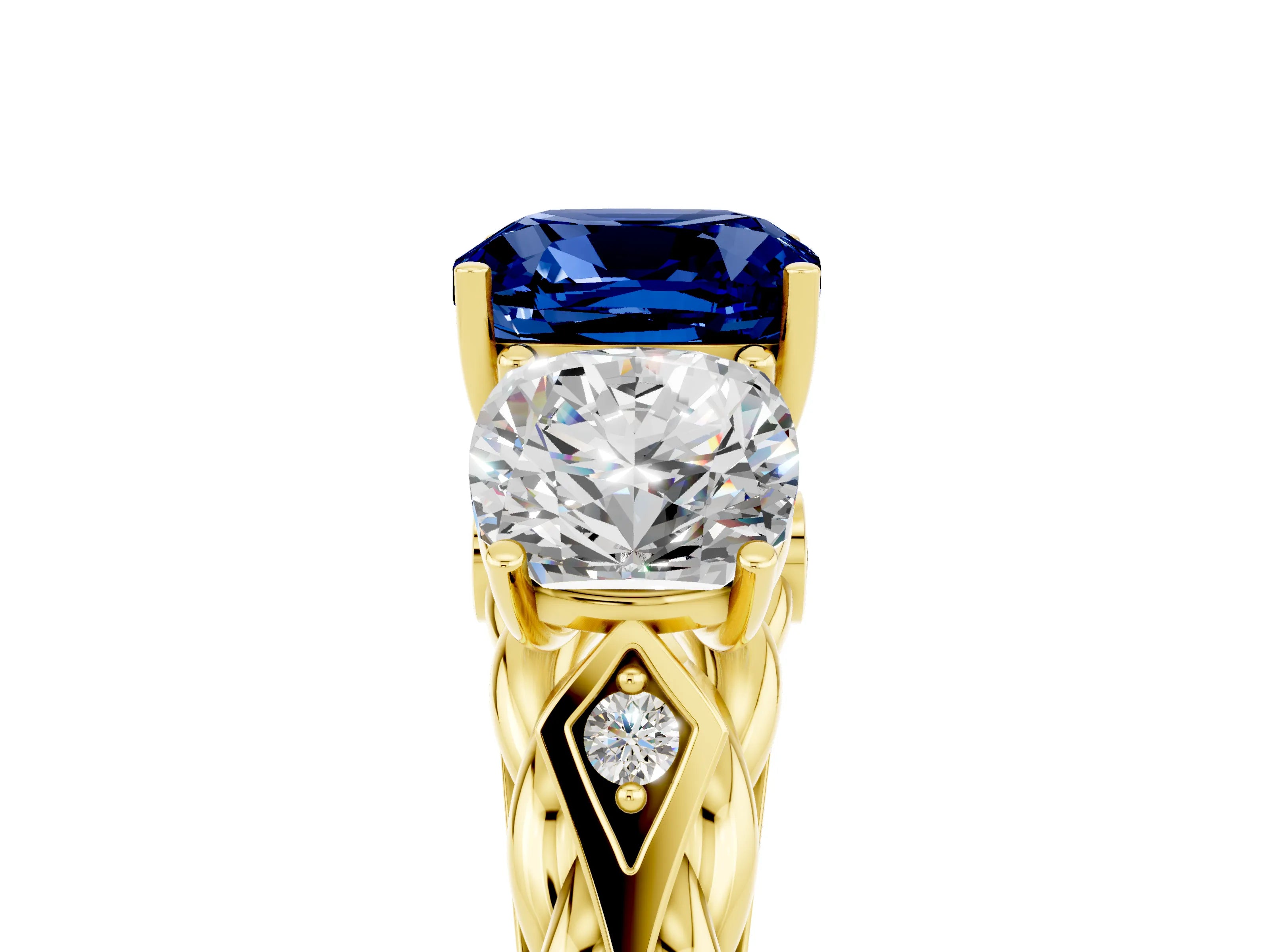 Yellow gold Three-Stone Cushion Cut Blue Sapphire Braided Band Ring with Four-Prong Setting_17