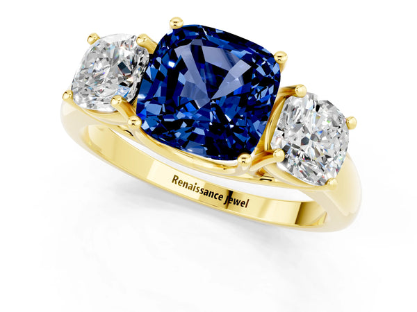 Yellow gold Three-Stone Cushion Cut Blue Sapphire Engagement Ring with Prong Setting