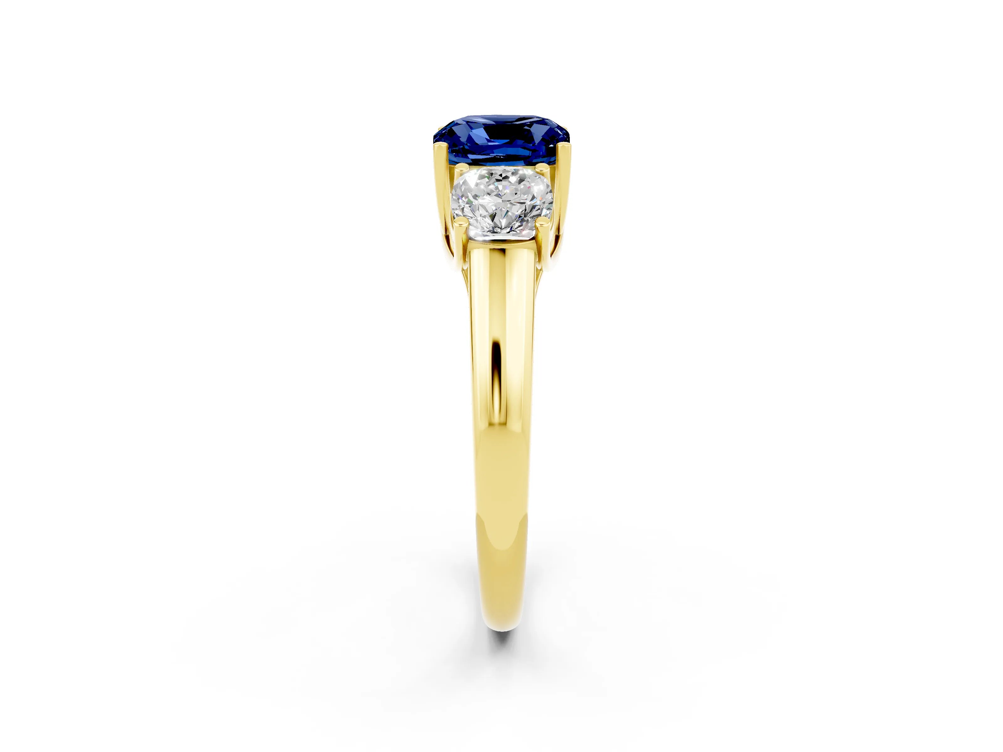 Yellow gold Three-Stone Cushion Cut Blue Sapphire Engagement Ring with Prong Setting_2