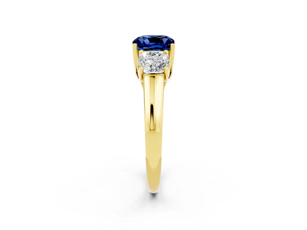 Yellow gold Three-Stone Cushion Cut Blue Sapphire Engagement Ring with Prong Setting