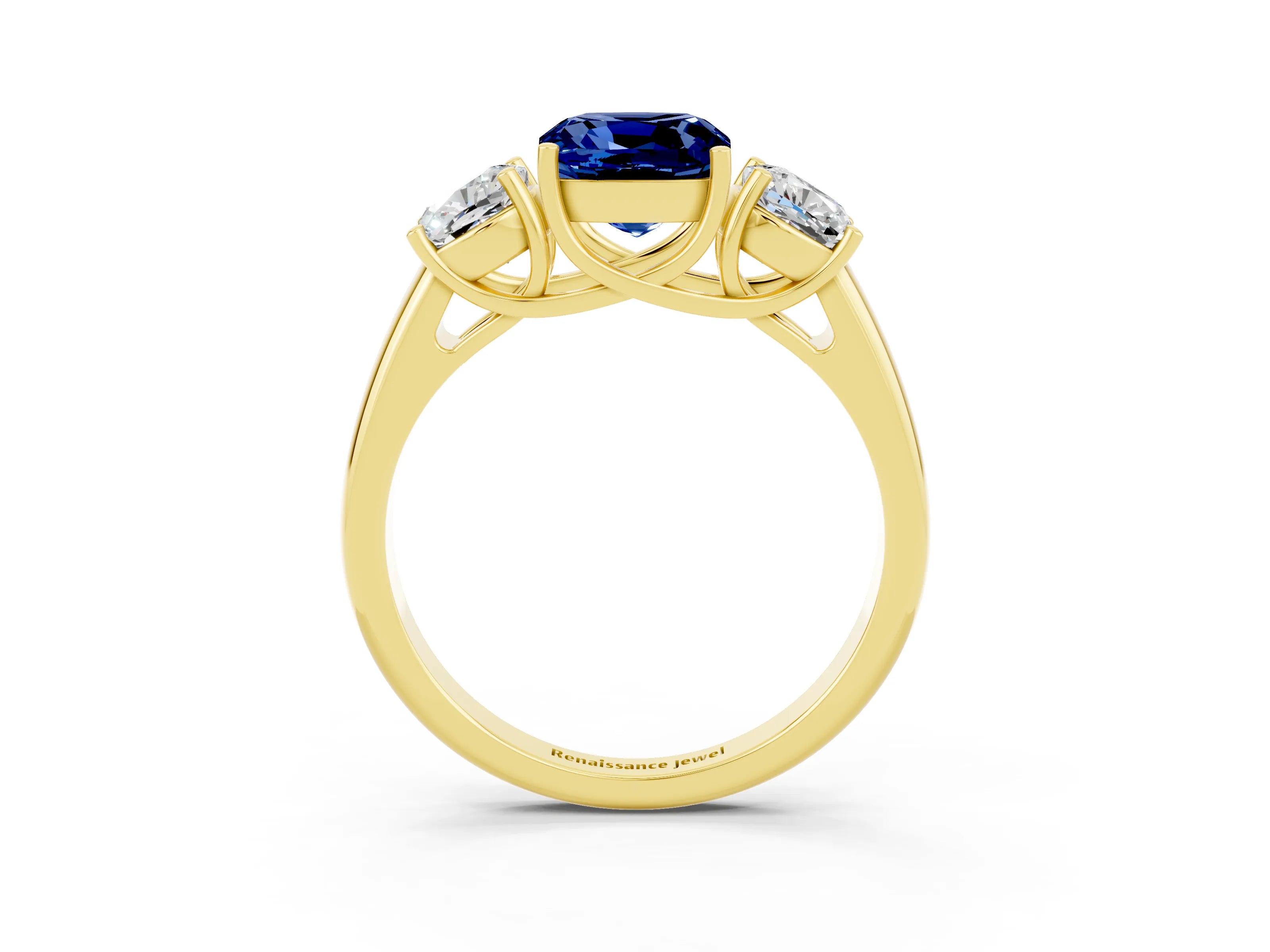 Yellow gold Three-Stone Cushion Cut Blue Sapphire Engagement Ring with Prong Setting_3