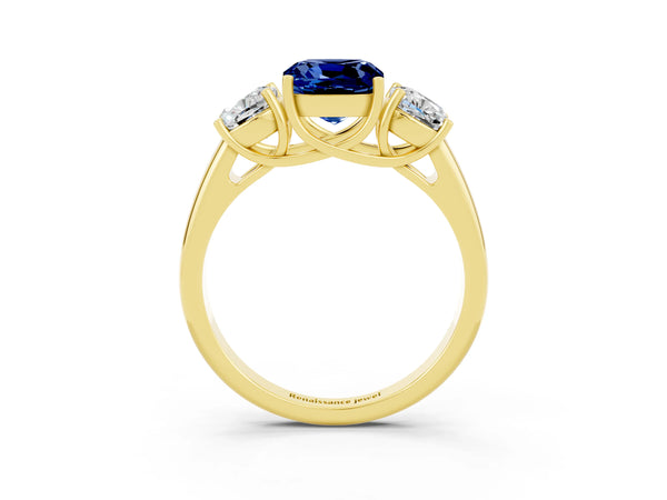 Yellow gold Three-Stone Cushion Cut Blue Sapphire Engagement Ring with Prong Setting