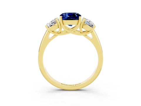 Yellow gold Three-Stone Cushion Cut Blue Sapphire Engagement Ring with Prong Setting_3