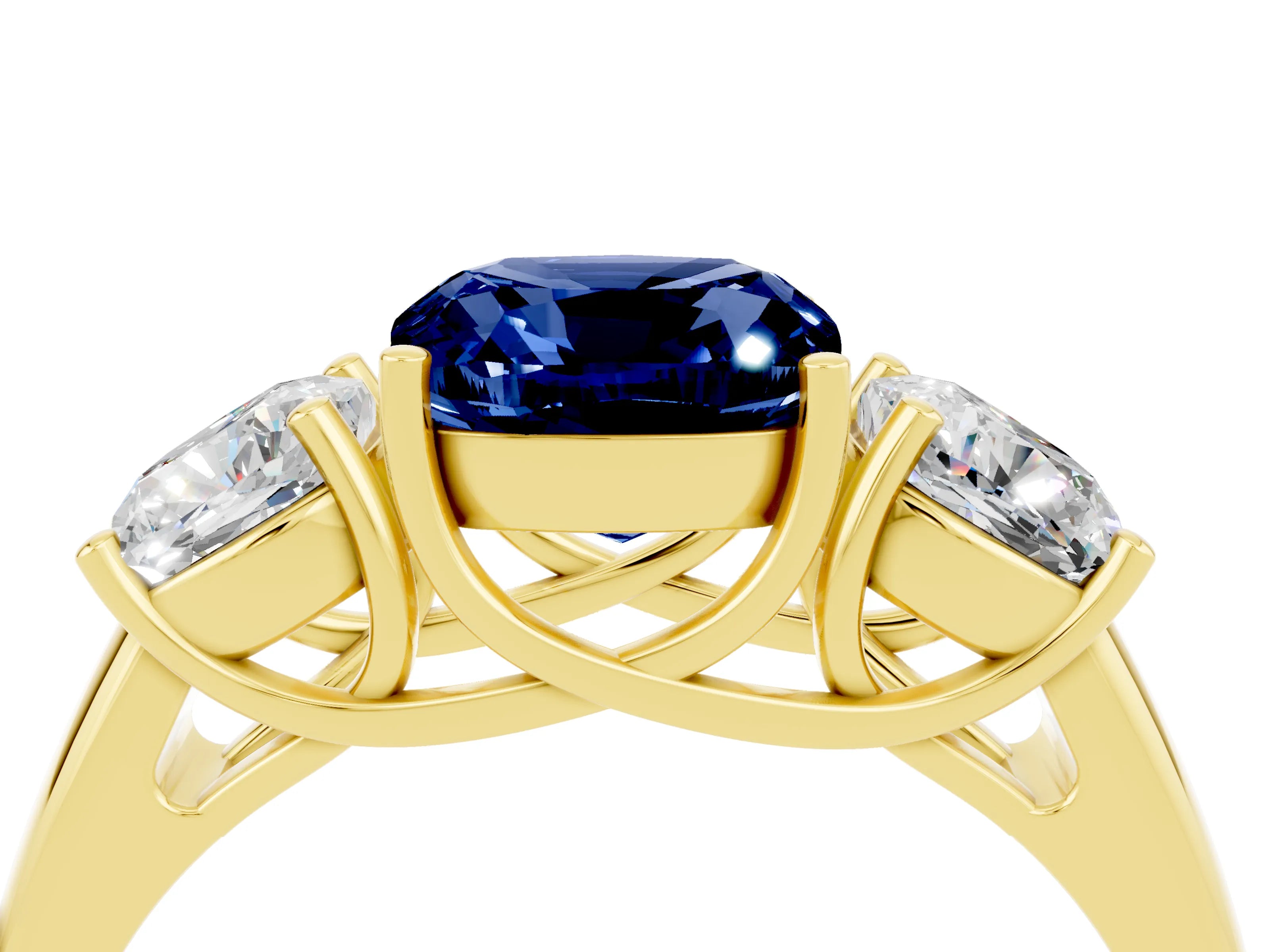 Yellow gold Three-Stone Cushion Cut Blue Sapphire Engagement Ring with Prong Setting_4