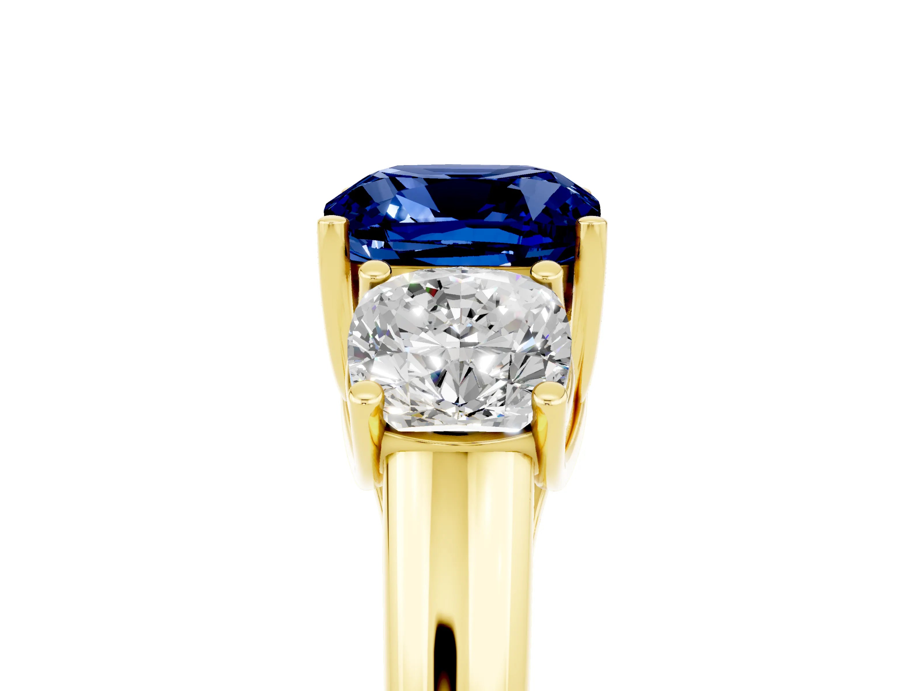 Yellow gold Three-Stone Cushion Cut Blue Sapphire Engagement Ring with Prong Setting_5