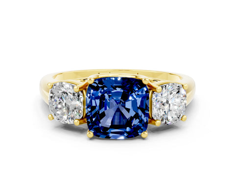 Yellow gold Three-Stone Cushion Cut Blue Sapphire Engagement Ring with Prong Setting