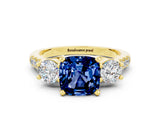 Yellow gold Three-Stone Cushion Cut Blue Sapphire Pavé Band with Four-Prong Setting