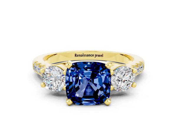Yellow gold Three-Stone Cushion Cut Blue Sapphire Pavé Band with Four-Prong Setting